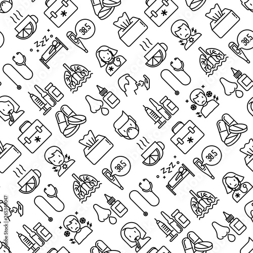 Flu and symptoms seamless pattern with thin line icons: temperature, chills, heat, runny nose, bed rest, pills, doctor with stethoscope, nasal drops, cough, phlegm in the lungs. Vector illustration.