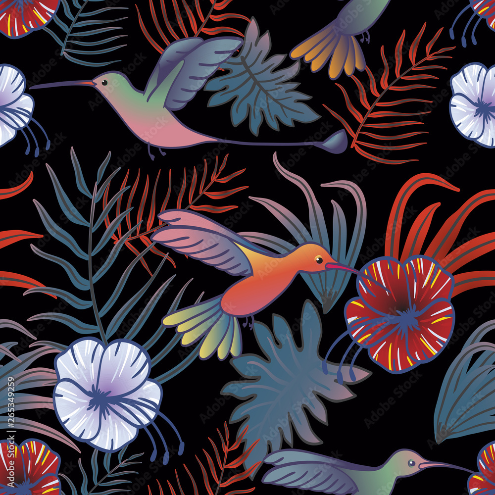 tropical seamless background with hummingbirds