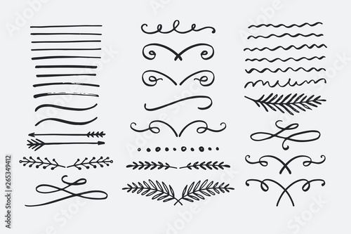 Hand drawn dividers set. Collection of vector borders, swirls, flourishes