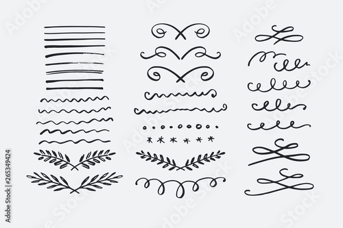Hand drawn dividers set. Collection of vector borders, swirls, flourishes
