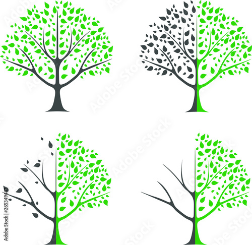 Environmental protection - set template of a tree for nature protection. Tree with leaves and falling leaves, divided in half into two parts. Half the tree is healthy, half is sick. Ecology.