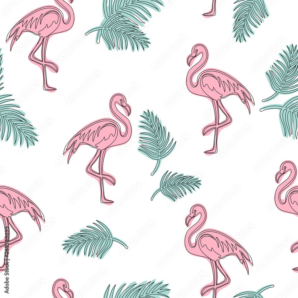 Obraz premium Tropical flamingo hand drawn seamless pattern. Flamingo with tropical leaves.