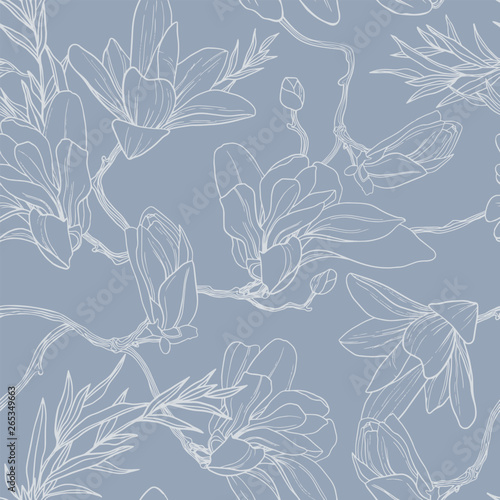 Magnolia flower vector illustration. Seamless pattern with white flowers on a gray background.