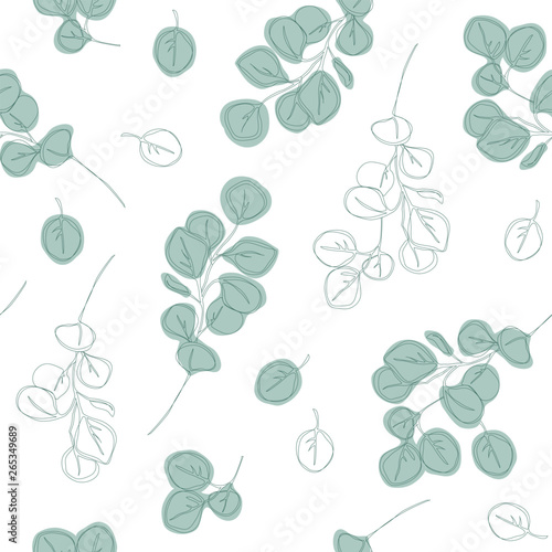 Tropical seamless pattern. Eucalyptus silver dollar tree foliage natural branches with green leaves. Vector decorative cute elegant greenery illustration isolated on white background