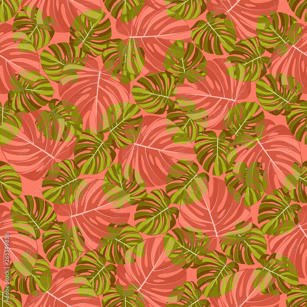 Obraz premium Seamless pattern of green and red-orange tropical leaves of Monstera, on a coral background.