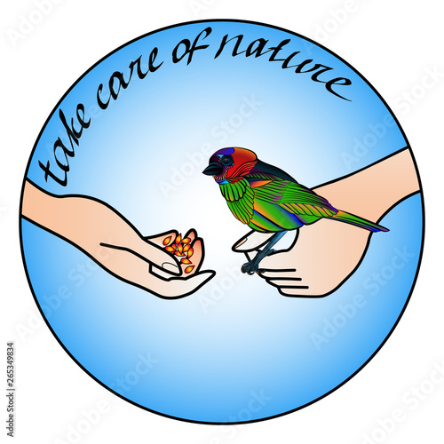 round emblem with the image of a bird sitting on his hand, a symbol of the protection of the world