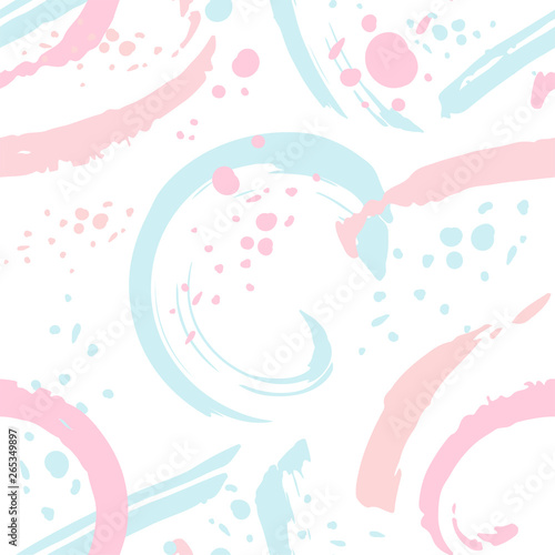 Seamless geometric pattern with abstract brush strokes and dots Geometric modern print. Trendy pop design for paper, cover, fabric, interior decor and other users. Ideal for baby girl design