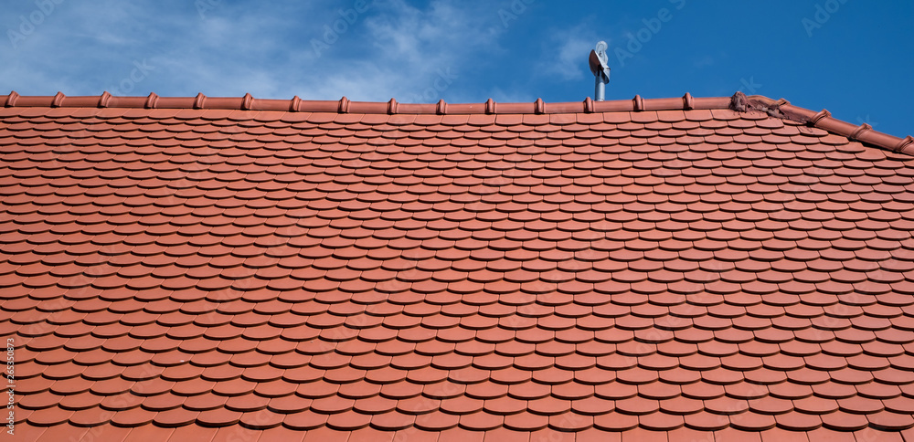 Modern roof tiles red color photographed in the distance