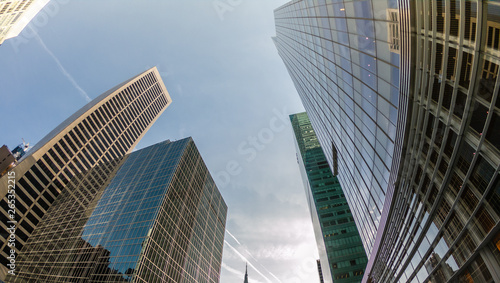 Wide angle upward view of skyscrapers buildings in New York  USA