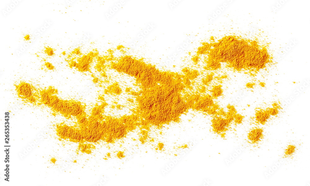 Turmeric powder pile isolated on white background and texture, top view