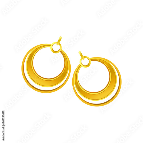 Pair of gold earrings in the form of rings. Vector illustration.
