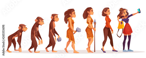 Womens beauty and fashion evolution cartoon vector concept. Female monkey, primate walking upright, stone age hunter in animal skin, modern, dressed fashionable woman making selfie photo illustration