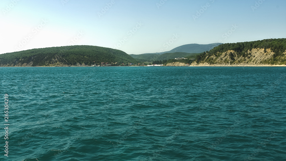 View from the sea to the mountainous coast overgrown with forest