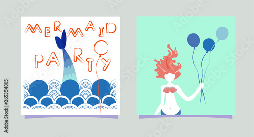 Set of Cartoon Mermaid girl with balloons. Inscription Mermaid party. Summer time siren with hair print cards party invitations. Waves and character in the Scandinavian style. Vector illustration