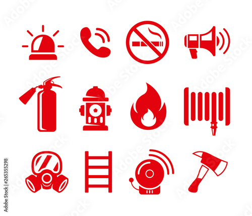 Set of fire safety vector icons. Fire emergency icons set.