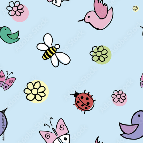 Summer doodle background. Hand-drawn doodle birds, butterflies, flies and flowers on a blue background. Seamless wallpaper pattern.
