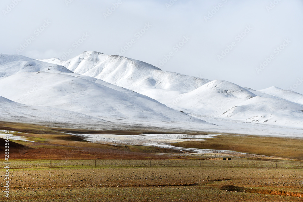 Fototapeta premium China, Tibet, the snowy peaks of the coast of mountain lake Kering in the summer when the weather is cloudy