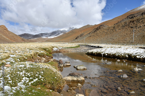 China, Tibet, mountain river on the way to Kering lake in summer