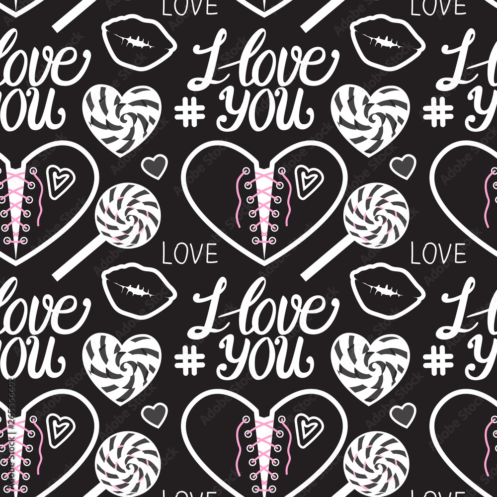 I love you seamless pattern. Heart corset, caramel, kiss, lollipop and lettering type. Vector illustration on dark. Black and white I love you seamless pattern. Heart corset, caramel, kiss, lollipop and lettering type. Vector illustration on dark. Black and white