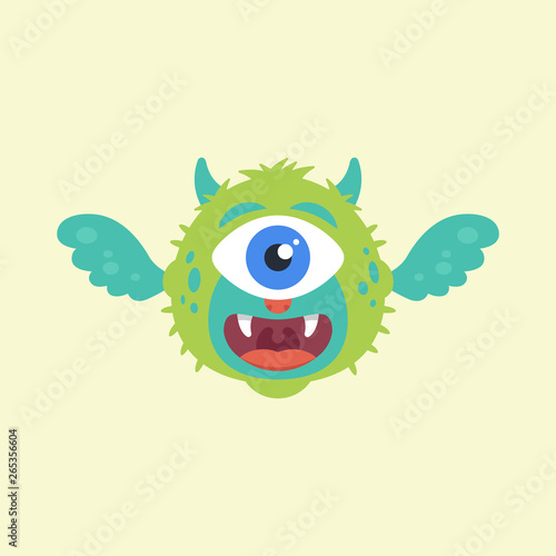 cute flying monster with horns and wings. green character vector illustration