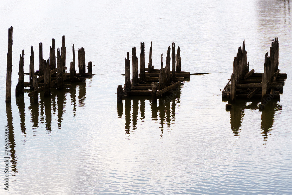 beautiful water landscape with fragments of piles of the old bridge beautiful water landscape with fragments of piles of the old bridge