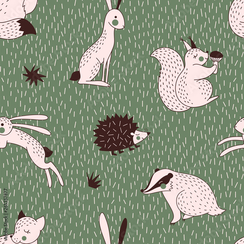 Summer Forest animals seamless vector pattern. Hedgehog Squirrel Hare Fox Badger woody creatures repeatable background. Woodland childish print in Scandinavian decorative style. Cute forest graphics