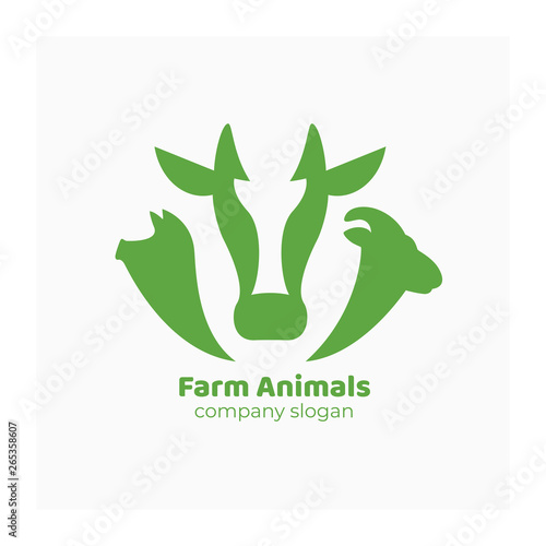 Green farm icon with cow, pig and ram. Symbol for ranch or farming. Logo with domestic animals for farmers fair, market, agricultural company. Illustration of livestock