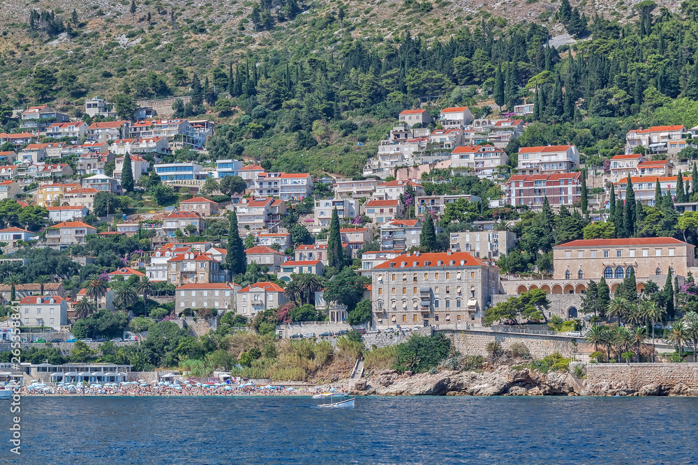 Coast near Dubrovnik, Croatia. Beach, hotels and houses