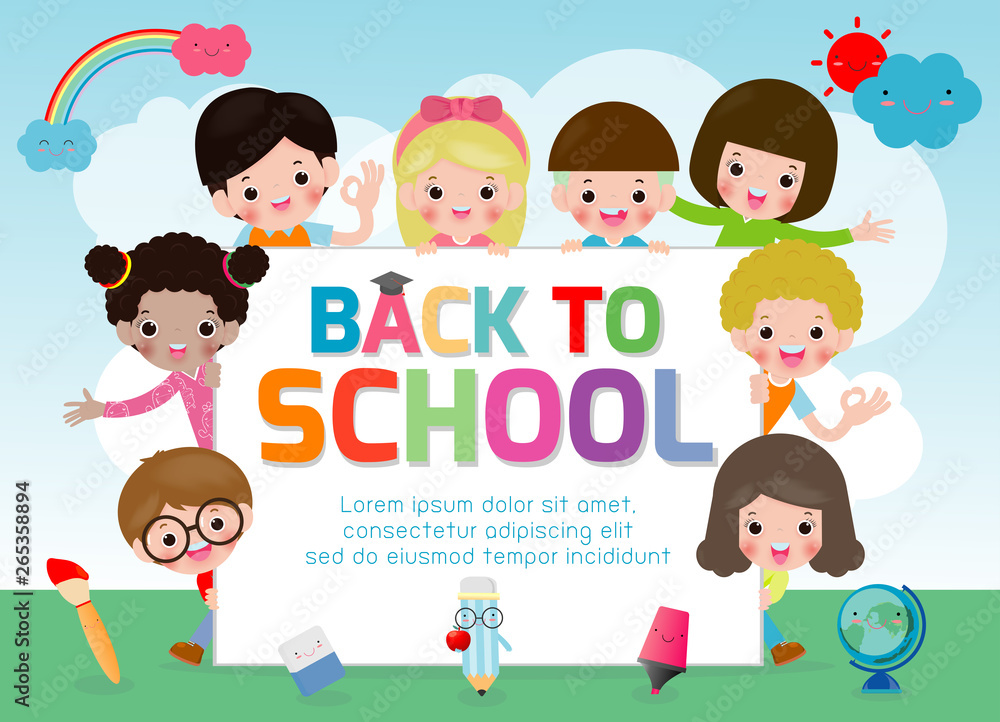 back to school, kids school, education concept, welcome back to school,  Template for advertising brochure, your text,Kids and frame,child and frame, cartoon happy children Vector Illustration. Stock Vector | Adobe Stock