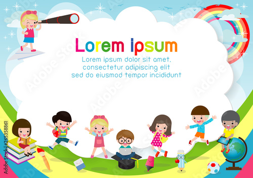happy Children, Back to school,Template for advertising brochure. Ready for your message, Funny cartoon kid character. Vector illustration