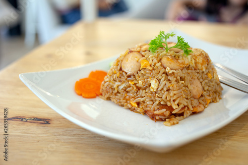 Thai food fried rice saucesage and egg serve
