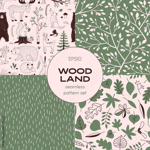 Forest wildlife childish vector seamless pattern set. Woody landscape with Bear Deer Hare Wolf Moose Fox Owl Squirrel creatures repeatable background. Forest tree Leaves print. Flat leafy branch
