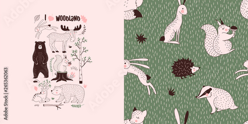 Forest wildlife childish fashion textile graphics set with t-shirt print and accompanied tileable background in decorative Scandinavian style. Woody landscape elements Bear Hare Squirrel Moose Deer