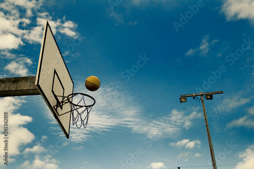 basketball hoop on background of blue sky