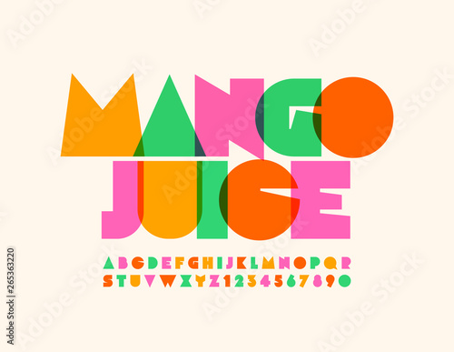 Vector bright emblem Mango Juice with transparent creative Font. Colorful Uppercase Alphabet Letters and Numbers