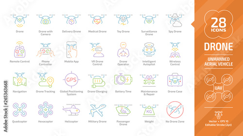 Drone unmanned aerial vehicle editable stroke outline color icon set with UAV digital technology, camera, delivery, medical, toy, surveillance and spy copter robots line pictogram.