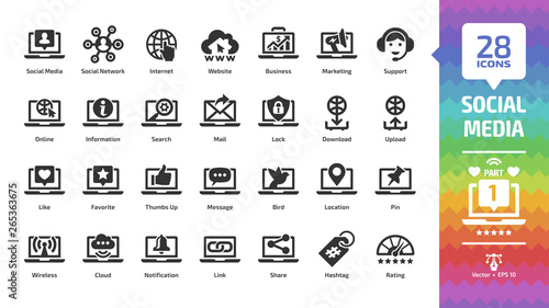 Social media network glyph icon set part 1 with global internet website, digital business and marketing technology, web support, message, share and like silhouette symbols.