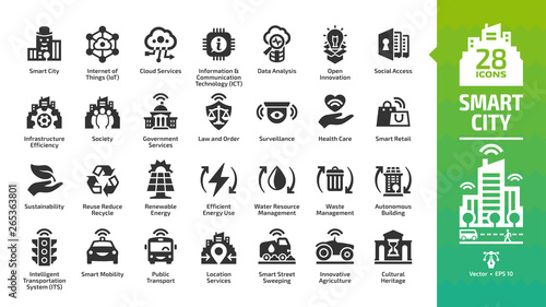 Smart city icon set with infrastructure efficiency technology, future digital urban, autonomous building and home, internet of things, cloud computing, innovation business and transport glyph symbols.