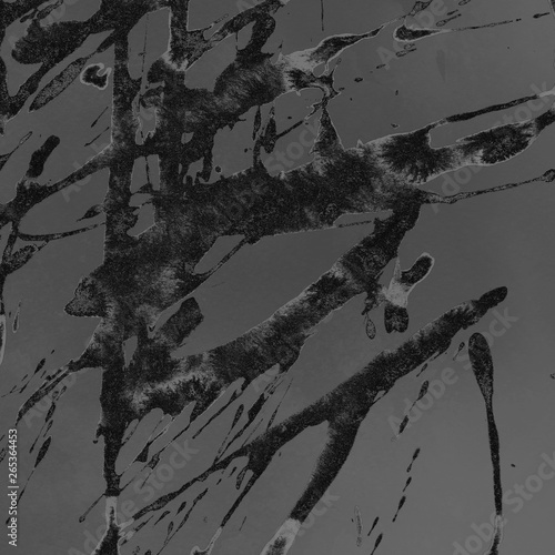  Black with gray paint splatter effect texture on gray paper background. Artistic backdrop. Different paint drops.