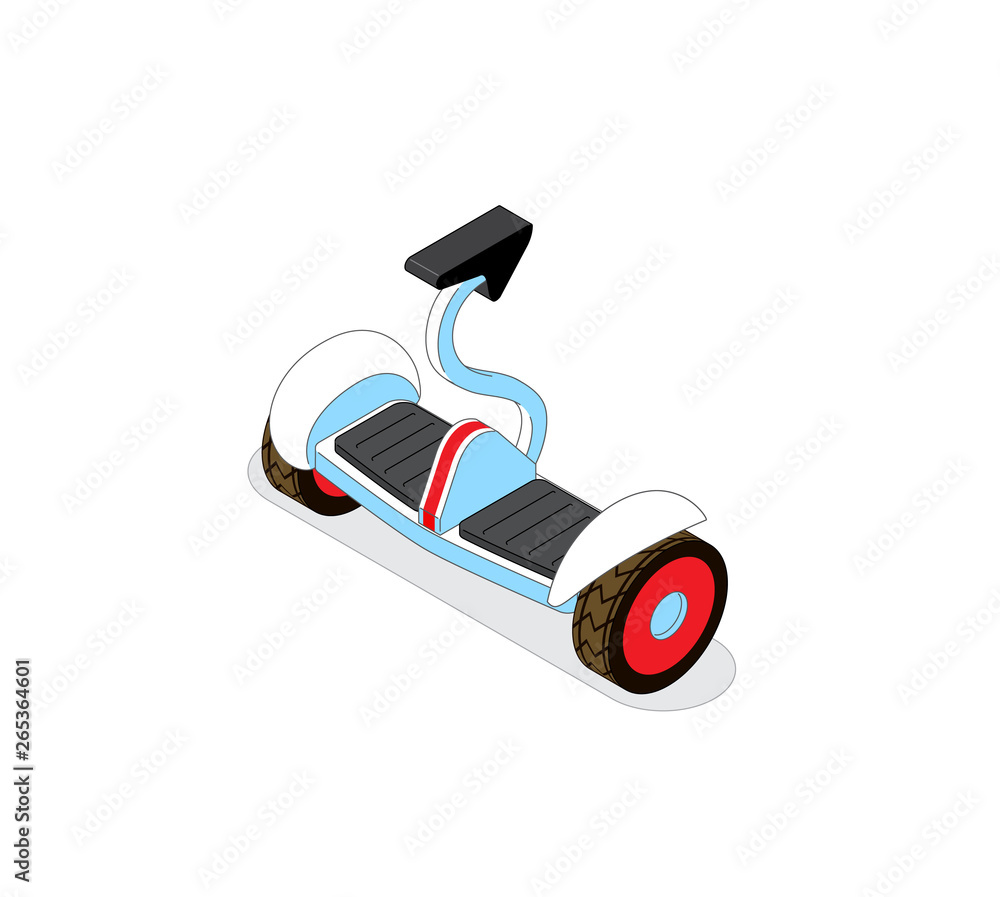 Mini electro scooter - a city individual transportation. Cartoon style image of modern device. Isometric style vector illustration.