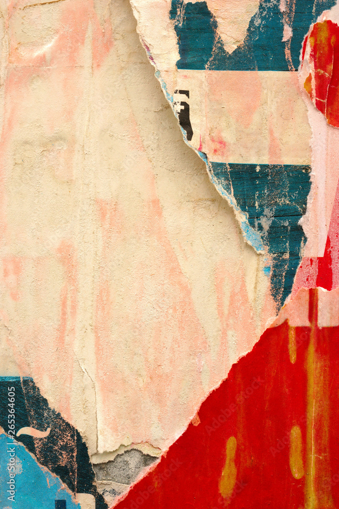 Fototapeta premium Old grunge ripped torn vintage collage street blank posters creased crumpled paper surface placard texture background backdrop empty space for text