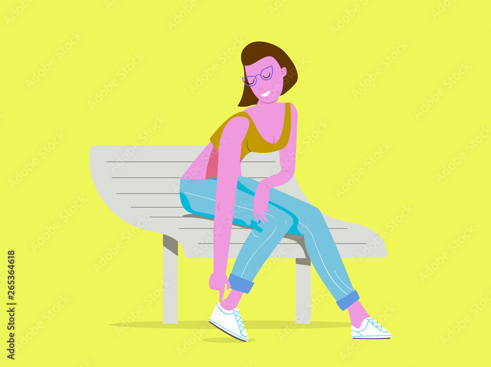 Cartoon girl sitting on bench and straightens shoes. Vector illustration. Cartoon girl sitting on bench and straightens shoes. Vector illustration.