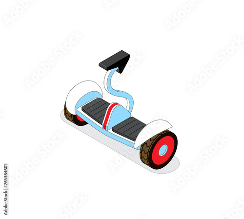 Mini electro scooter - a city individual transportation. Cartoon style image of modern device. Isometric style vector illustration.