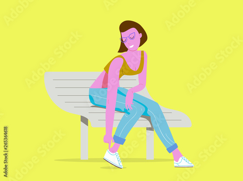 Cartoon girl sitting on bench and straightens shoes. Vector illustration.