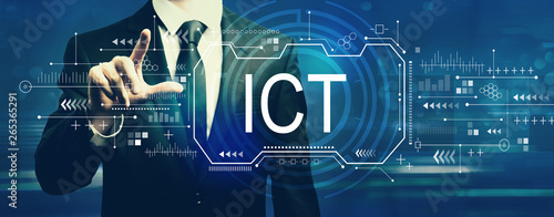 Принти на полотні Information and communications technology with businessman on a dark blue backgr