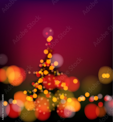 Christmas background with blur glowing lanterns and holiday fir tree.