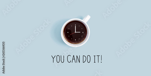 Coffee cup with clock overhead view flat lay photo