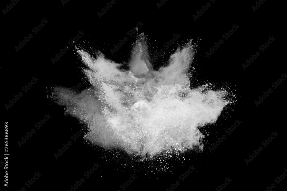 Naklejka premium White powder explosion on black background. Colored cloud. Colorful dust explode. Paint Holi.