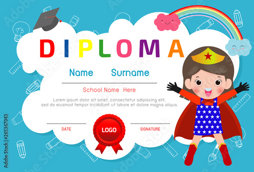 Certificates kindergarten and elementary, Preschool Kids Diploma certificate pattern design template, Diploma template for kindergarten students, Certificate of super hero kids diploma