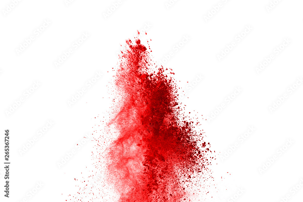 Freeze motion of red powder exploding, isolated on white background. Abstract design of red dust cloud. Particles explosion screen saver, wallpaper